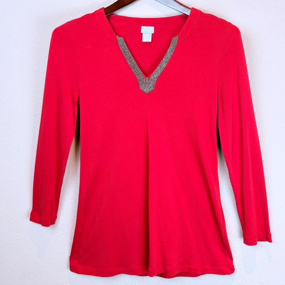 Chicos Womens Top Size Small Red Pima Cotton Beaded V-Neck Long Sleeve Shirt‎